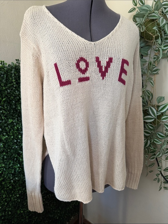 Wooden Ships Sweaters - Wooden Ships Cream V-Neck Sweater with Pink LOVE Intarsia
